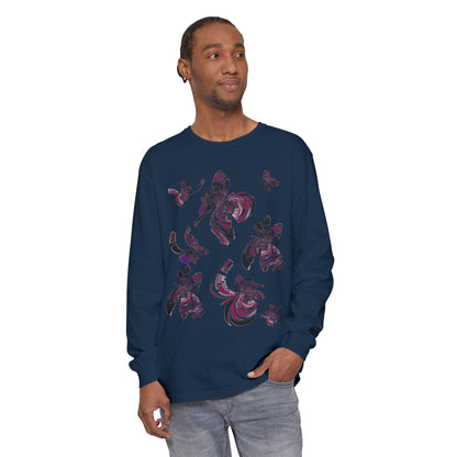 Unisex Long Sleeve T-Shirt "MONDRIAN SPACE" in Magenta. Perfect for Casual Comfort and Unique Style