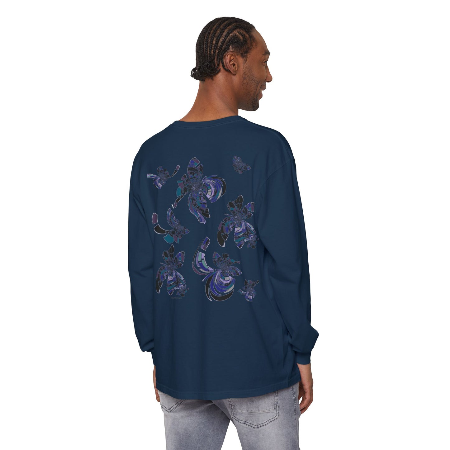Unisex Long Sleeve T-Shirt "MONDRIAN SPACE" in Blue. Perfect for Casual Comfort and Unique Style