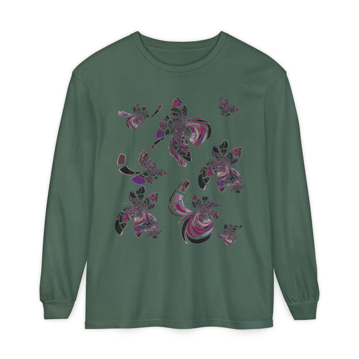 Unisex Long Sleeve T-Shirt "MONDRIAN SPACE" in Magenta. Perfect for Casual Comfort and Unique Style