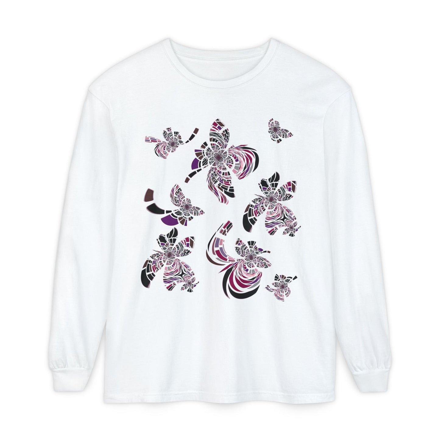 Unisex Long Sleeve T-Shirt "MONDRIAN SPACE" in Magenta. Perfect for Casual Comfort and Unique Style