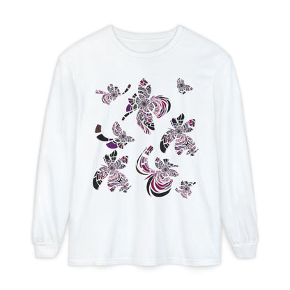 Unisex Long Sleeve T-Shirt "MONDRIAN SPACE" in Magenta. Perfect for Casual Comfort and Unique Style