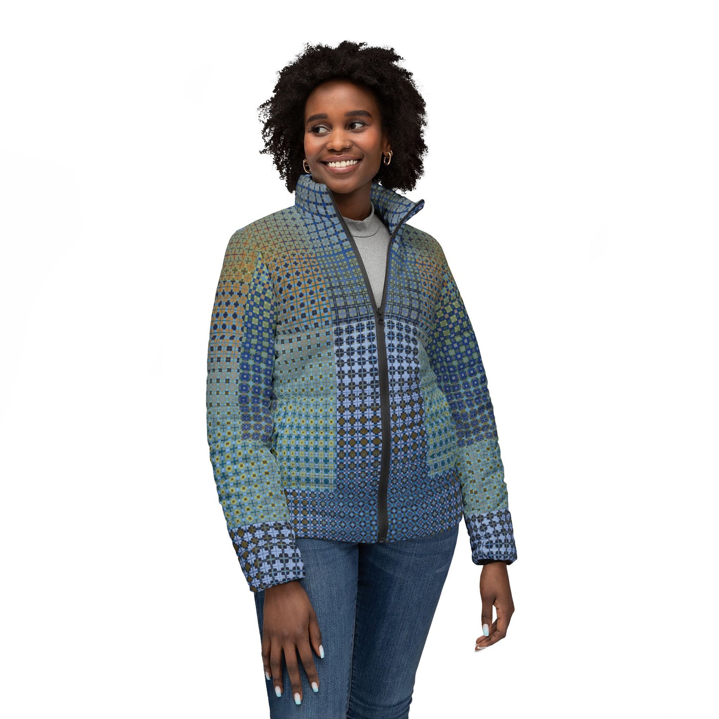 Women’s Puffer Jacket "FREQUENCY" col Planet Earth, Jhane Barnes custom design