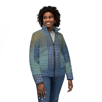 Women’s Puffer Jacket "FREQUENCY" col Planet Earth, Jhane Barnes custom design