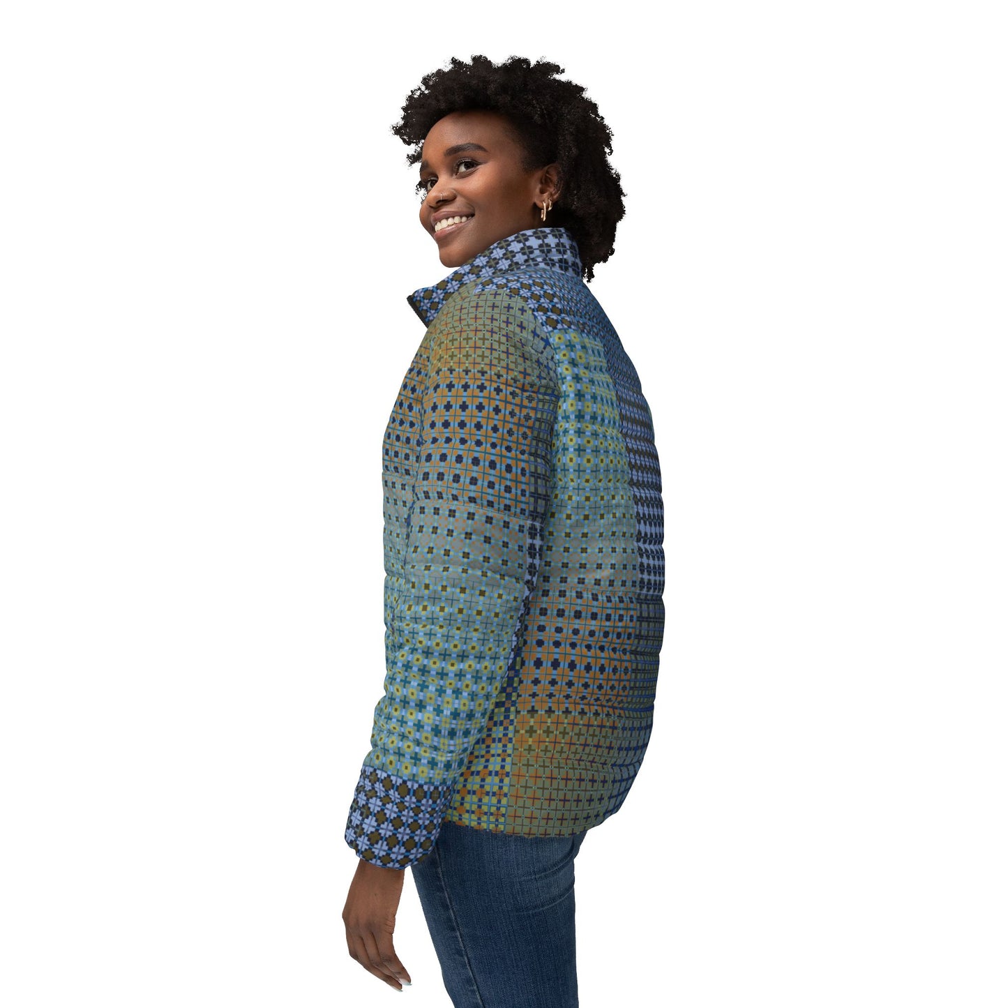 Women’s Puffer Jacket "FREQUENCY" col Planet Earth, Jhane Barnes custom design