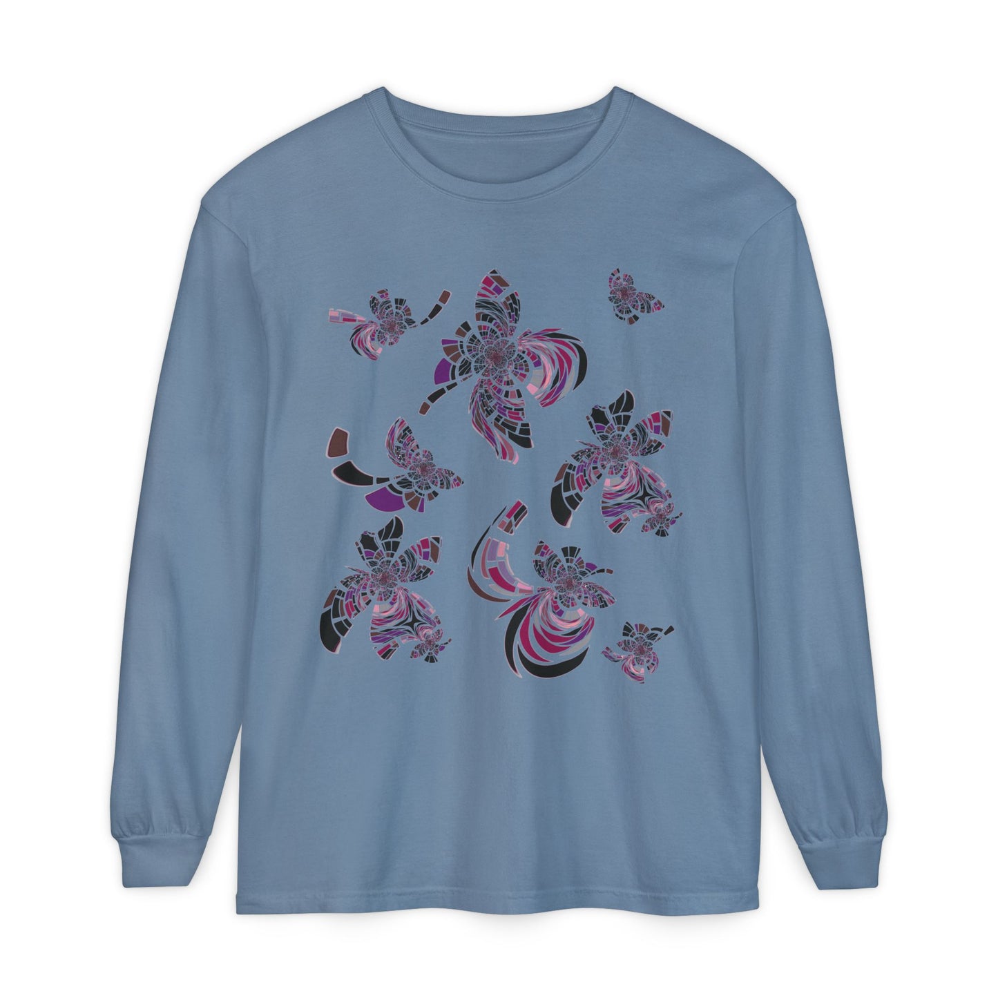 Unisex Long Sleeve T-Shirt "MONDRIAN SPACE" in Magenta. Perfect for Casual Comfort and Unique Style