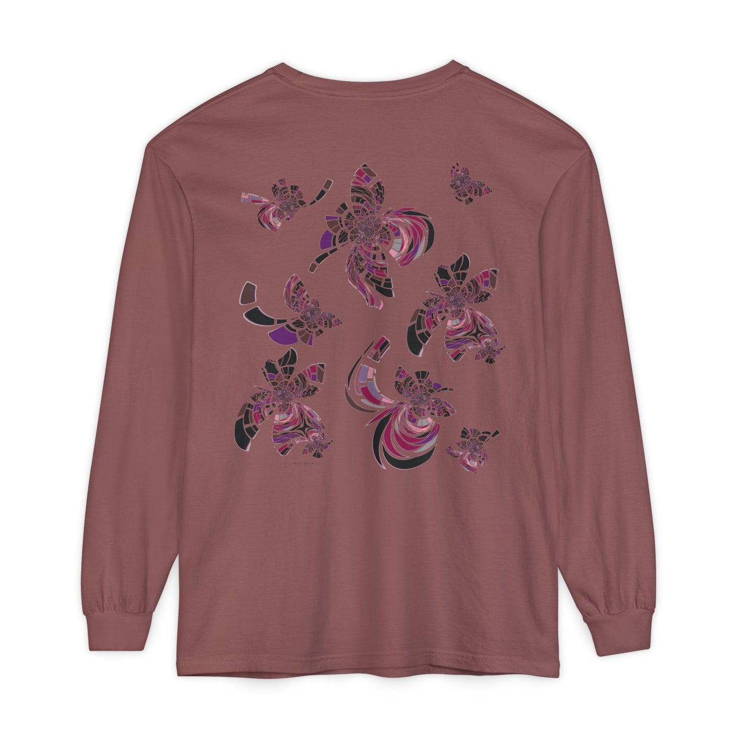 Unisex Long Sleeve T-Shirt "MONDRIAN SPACE" in Magenta. Perfect for Casual Comfort and Unique Style