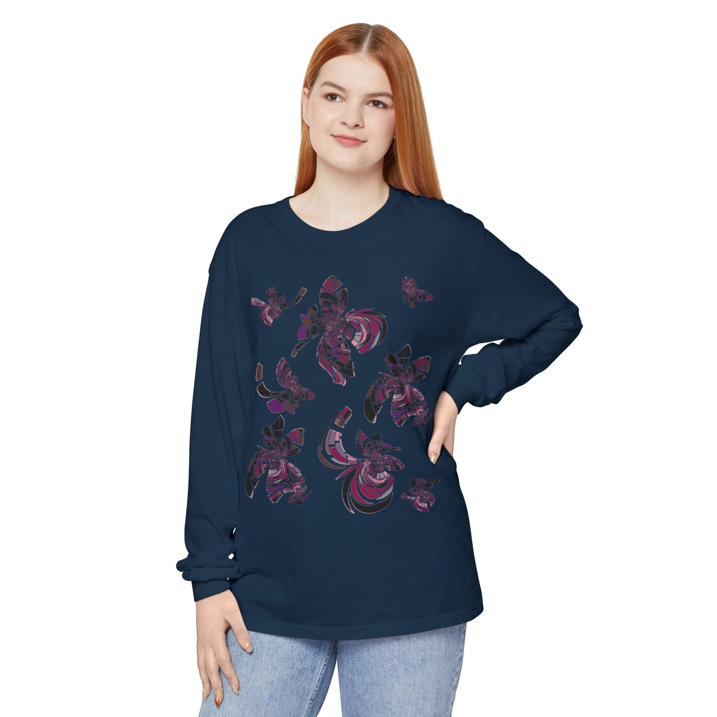 Unisex Long Sleeve T-Shirt "MONDRIAN SPACE" in Magenta. Perfect for Casual Comfort and Unique Style