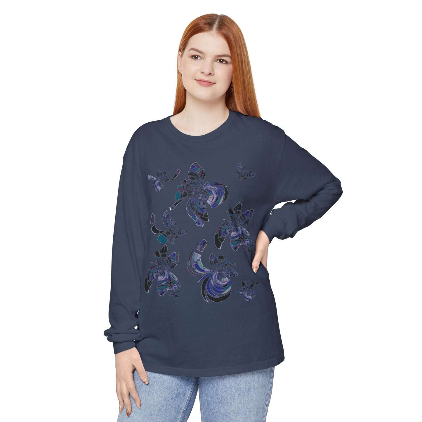 Unisex Long Sleeve T-Shirt "MONDRIAN SPACE" in Blue. Perfect for Casual Comfort and Unique Style