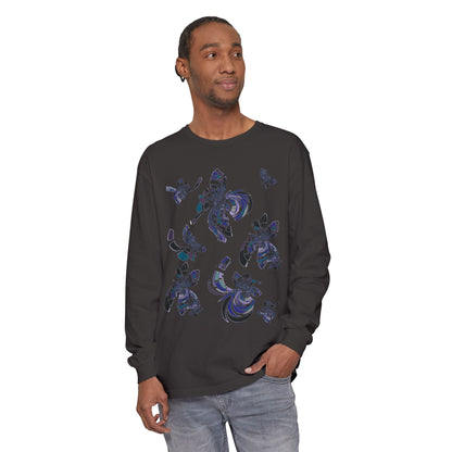 Unisex Long Sleeve T-Shirt "MONDRIAN SPACE" in Blue. Perfect for Casual Comfort and Unique Style