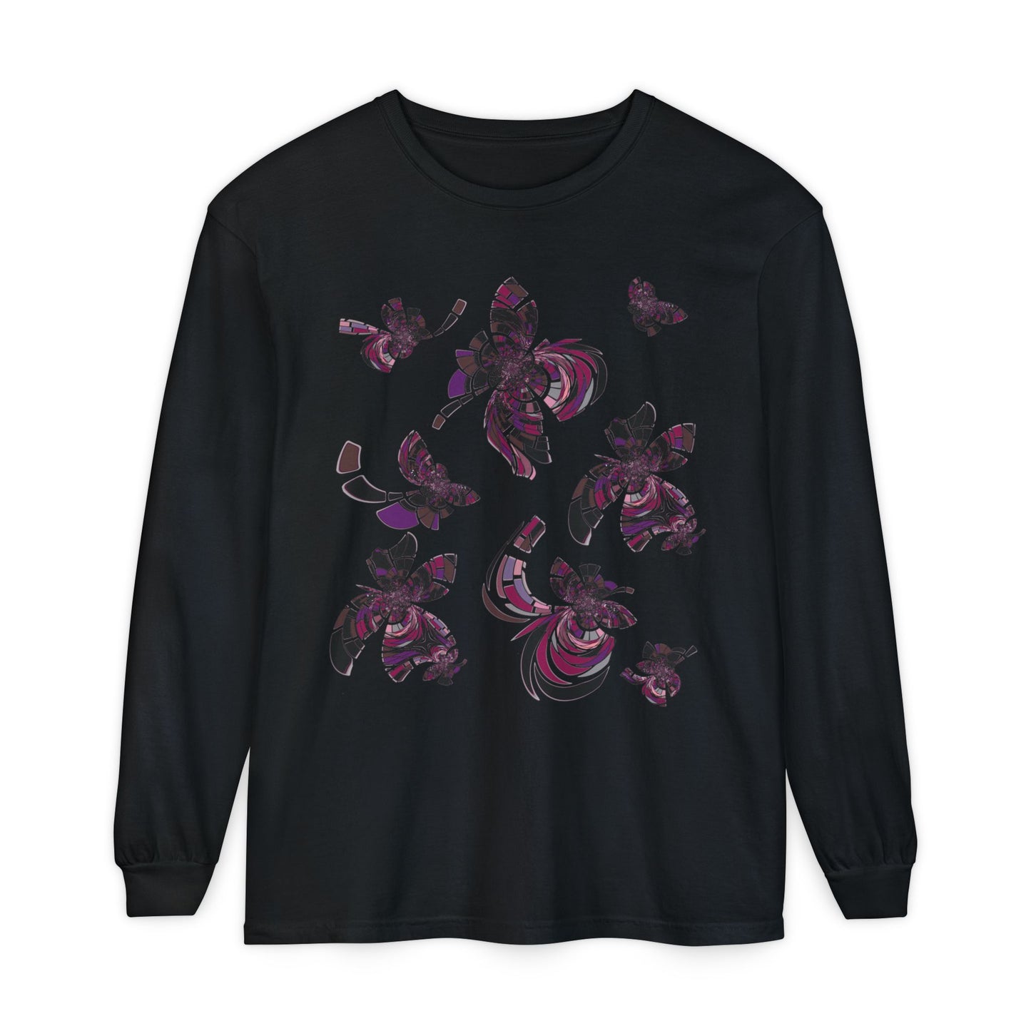 Unisex Long Sleeve T-Shirt "MONDRIAN SPACE" in Magenta. Perfect for Casual Comfort and Unique Style