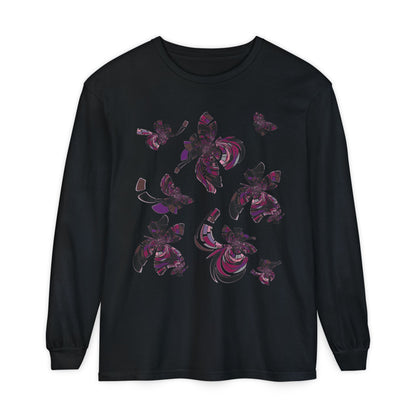 Unisex Long Sleeve T-Shirt "MONDRIAN SPACE" in Magenta. Perfect for Casual Comfort and Unique Style