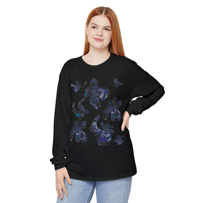 Unisex Long Sleeve T-Shirt "MONDRIAN SPACE" in Blue. Perfect for Casual Comfort and Unique Style