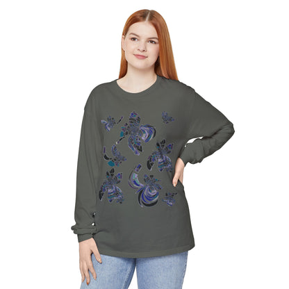 Unisex Long Sleeve T-Shirt "MONDRIAN SPACE" in Blue. Perfect for Casual Comfort and Unique Style