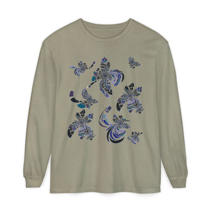 Unisex Long Sleeve T-Shirt "MONDRIAN SPACE" in Blue. Perfect for Casual Comfort and Unique Style