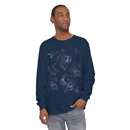 Unisex Long Sleeve T-Shirt "MONDRIAN SPACE" in Blue. Perfect for Casual Comfort and Unique Style