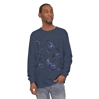 Unisex Long Sleeve T-Shirt "MONDRIAN SPACE" in Blue. Perfect for Casual Comfort and Unique Style