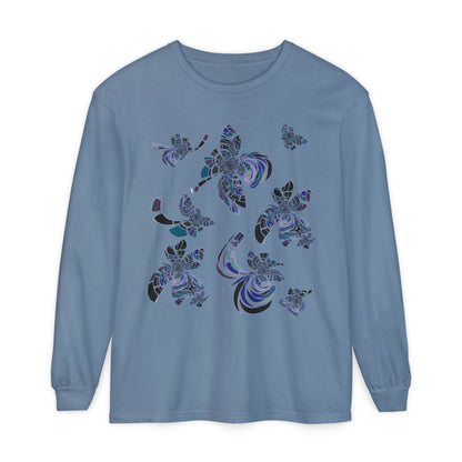 Unisex Long Sleeve T-Shirt "MONDRIAN SPACE" in Blue. Perfect for Casual Comfort and Unique Style