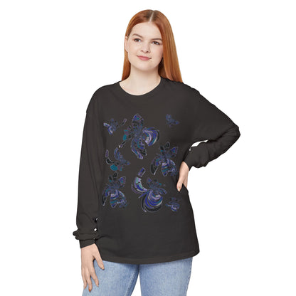Unisex Long Sleeve T-Shirt "MONDRIAN SPACE" in Blue. Perfect for Casual Comfort and Unique Style