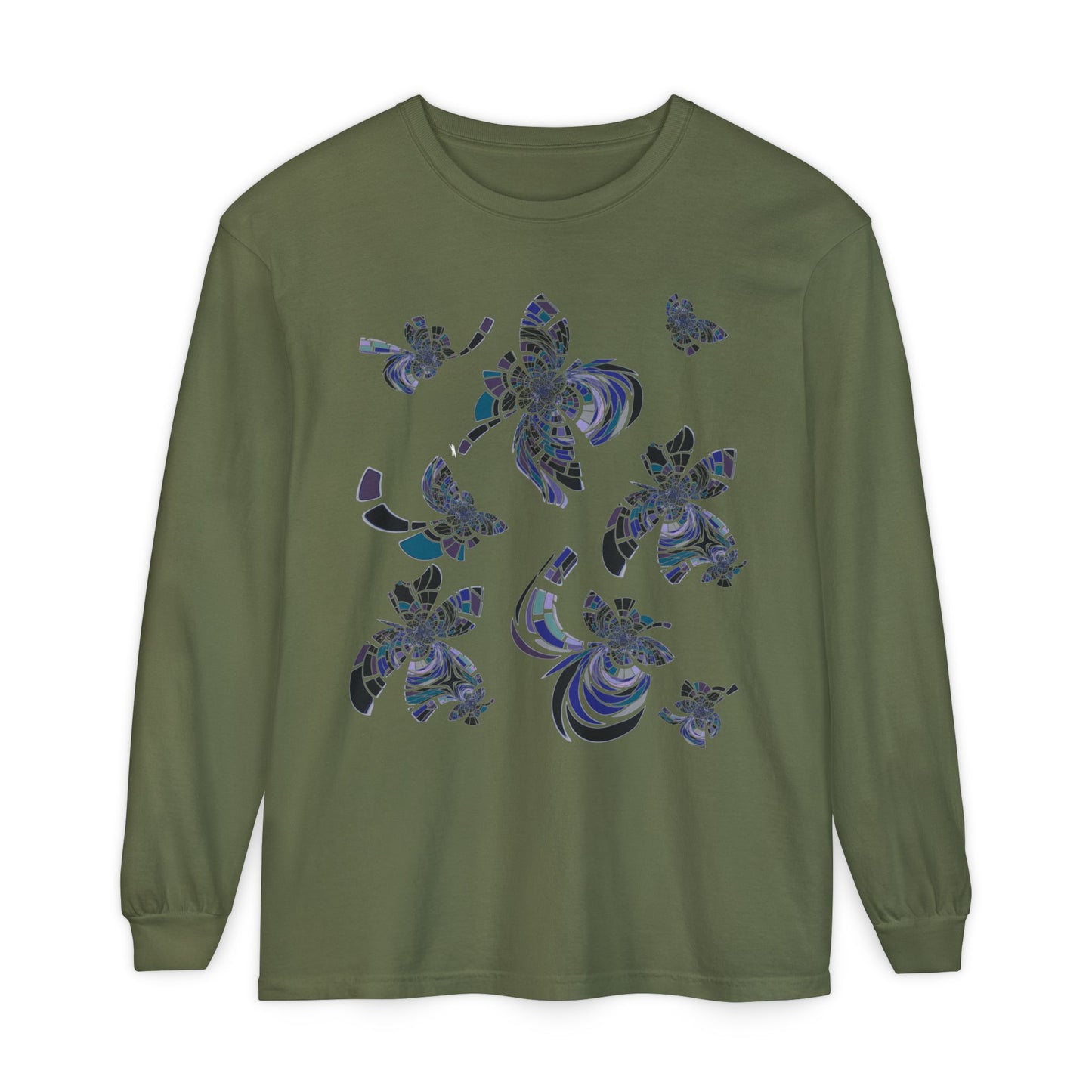 Unisex Long Sleeve T-Shirt "MONDRIAN SPACE" in Blue. Perfect for Casual Comfort and Unique Style