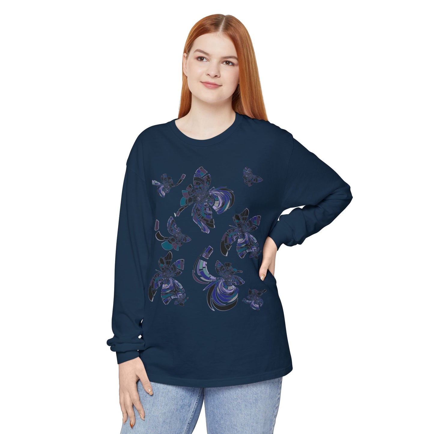 Unisex Long Sleeve T-Shirt "MONDRIAN SPACE" in Blue. Perfect for Casual Comfort and Unique Style