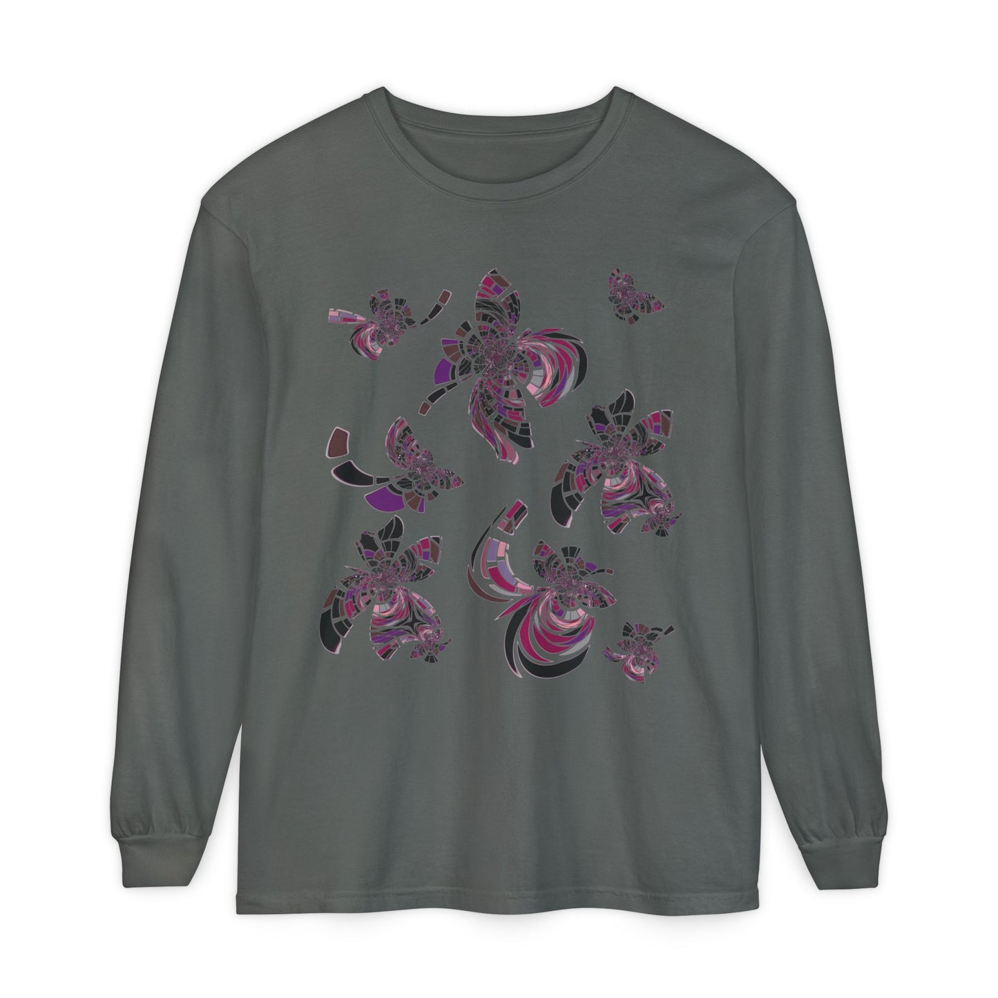 Unisex Long Sleeve T-Shirt "MONDRIAN SPACE" in Magenta. Perfect for Casual Comfort and Unique Style