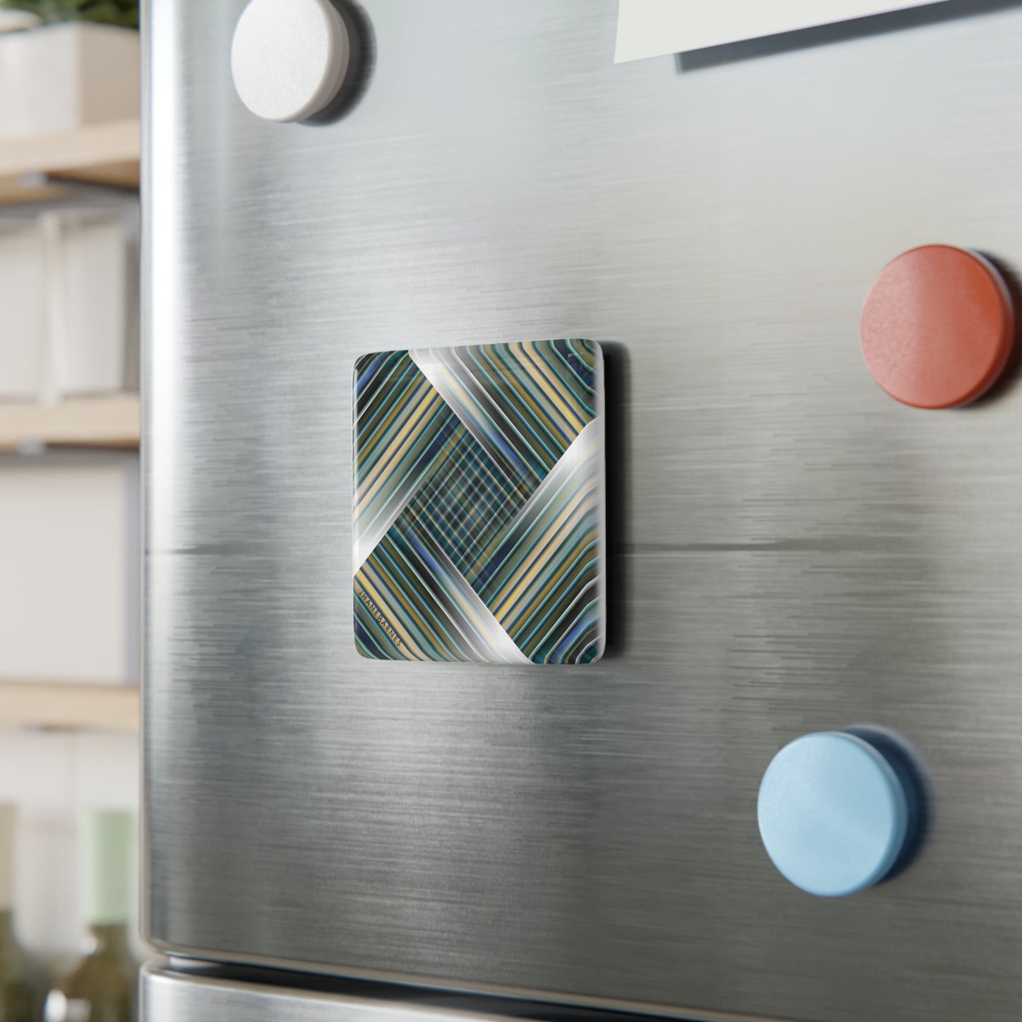 Porcelain Magnet, Square "PLAID TILE" col. Blue Jeans