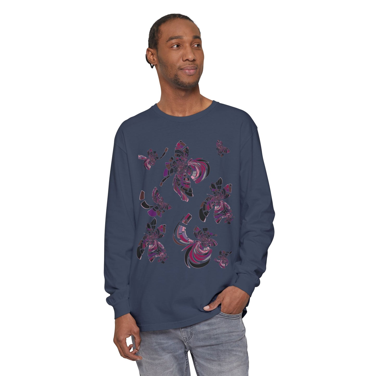Unisex Long Sleeve T-Shirt "MONDRIAN SPACE" in Magenta. Perfect for Casual Comfort and Unique Style